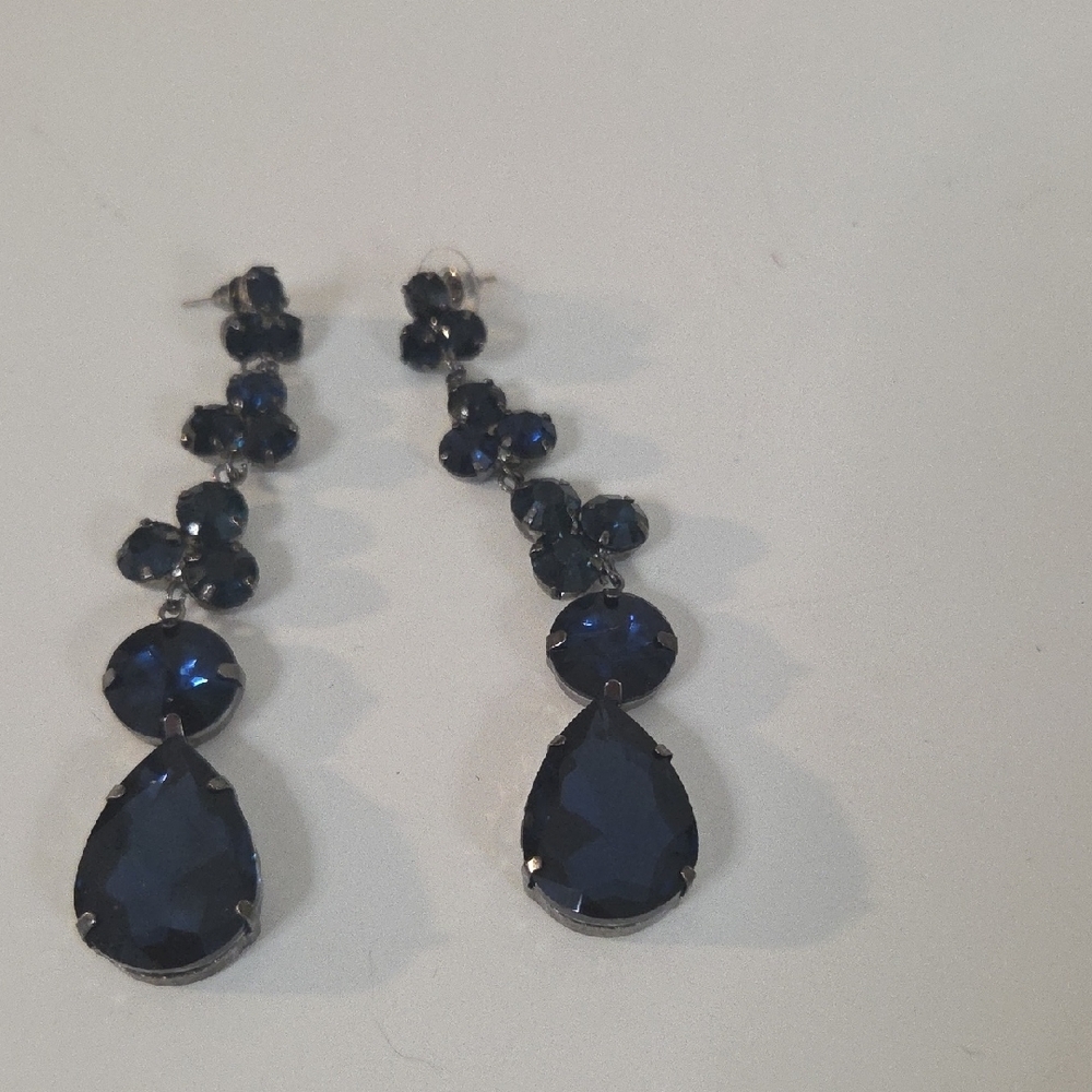 Navy Blue Crystal Chandelier Dangle Earrings 3.5" Long Prom Wedding Gala [1405].